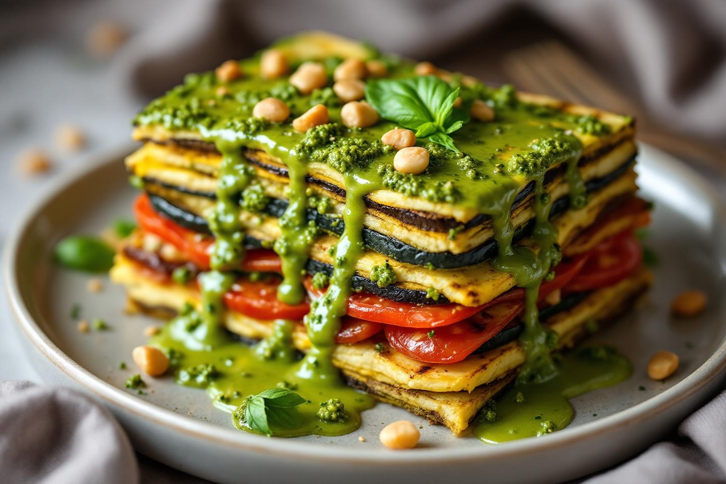 Même avec le enfants difficiles, impossible de se tromper avec ce millefeuille de légumes grillés et pesto fondant et coloré pour aimer les courgettes, aubergines et tomates tout l’été