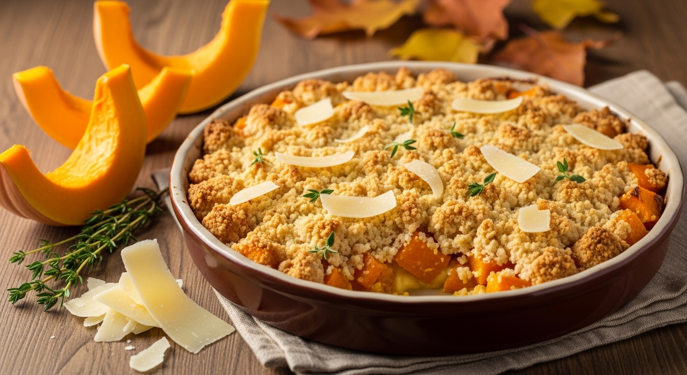 Une recette d’automne fondante et croustillante à la fois : fondez pour ce crumble salé potiron-parmesan d’automne !