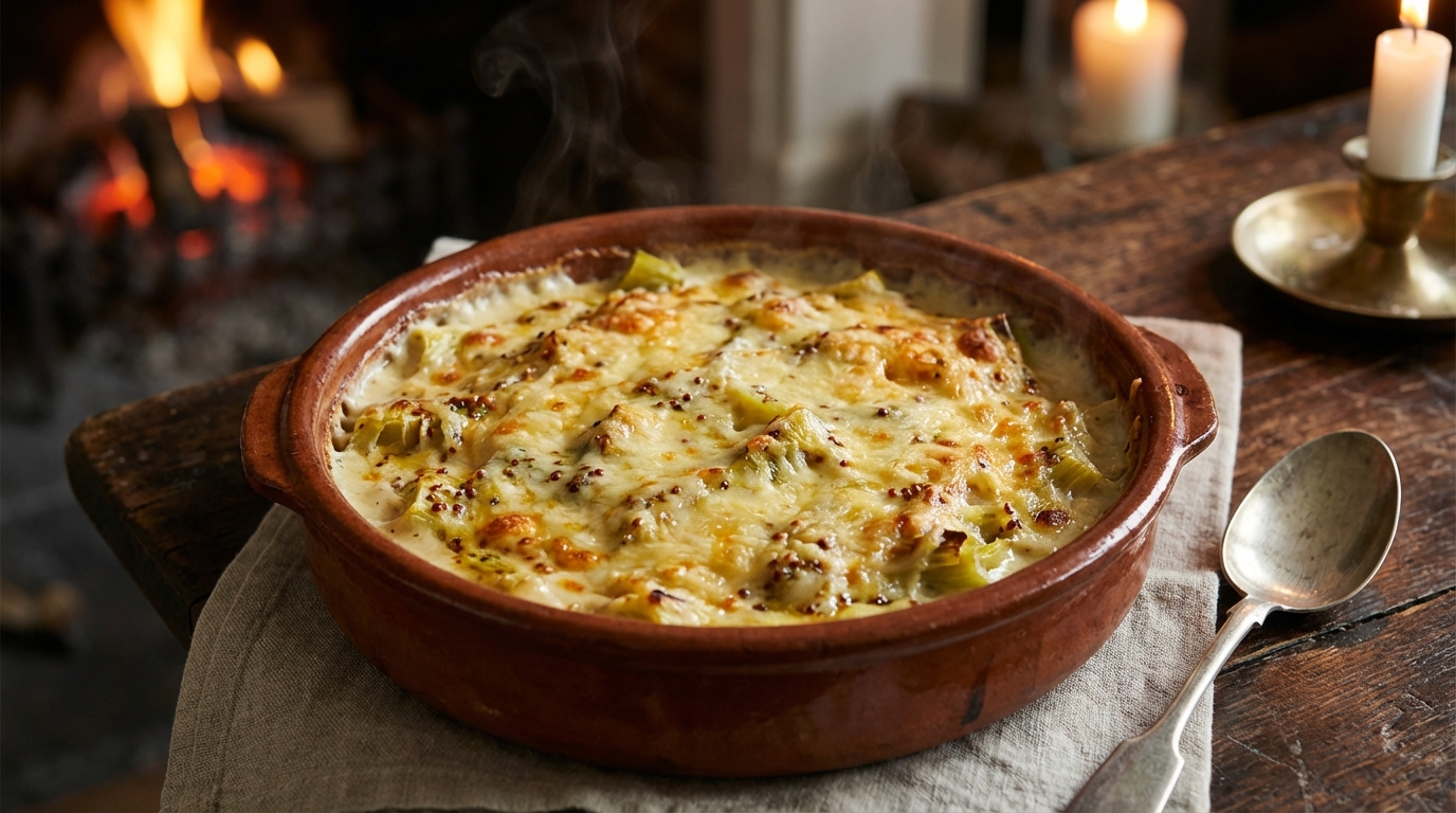 Le gratin doré qui fait aimer les poireaux même aux sceptiques : graines de moutarde, crème et fromage fondus pour un dîner réconfort d’hiver