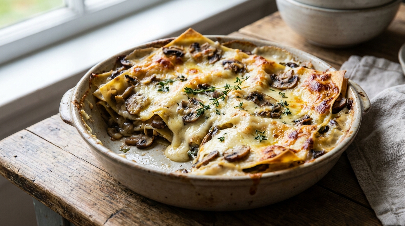 Ce duo de champignons entre les couches de béchamel donne des lasagnes si fondantes que la viande devient un lointain souvenir