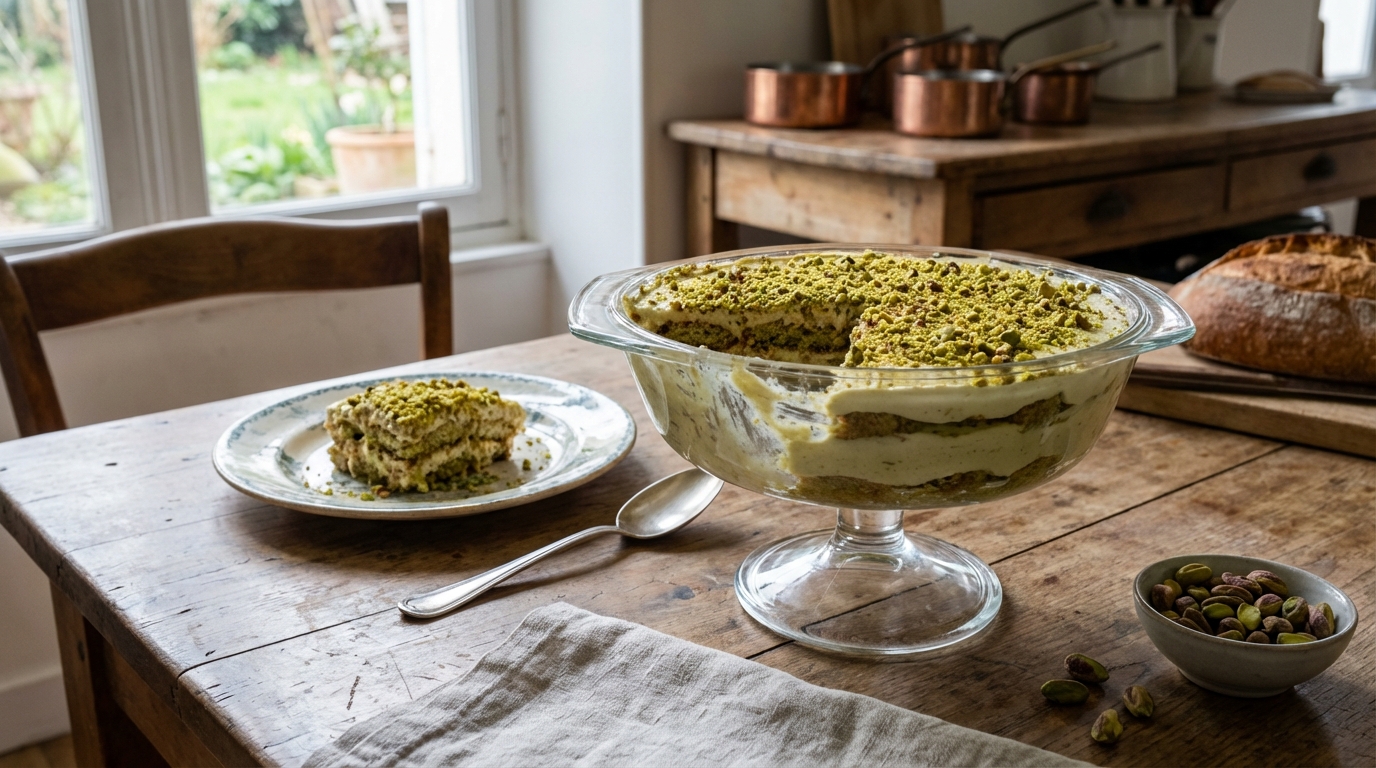 Sous sa couche crémeuse se cache un geste précis : ce tiramisu pistache rend tout le monde accro