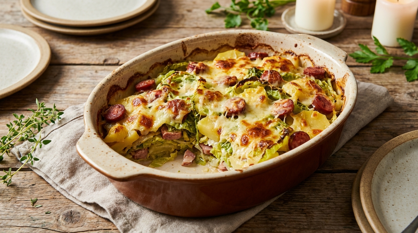Un chou vert, quelques pommes de terre et une touche fumée : ce gratin fait oublier tous les autres