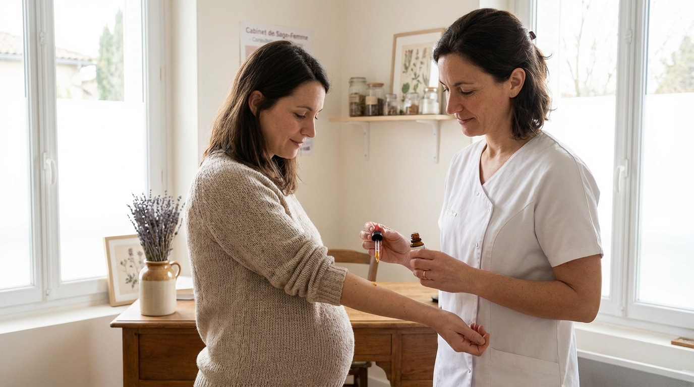 Huiles essentielles enceinte : le test simple à faire avant d’en mettre une goutte, selon les sages-femmes