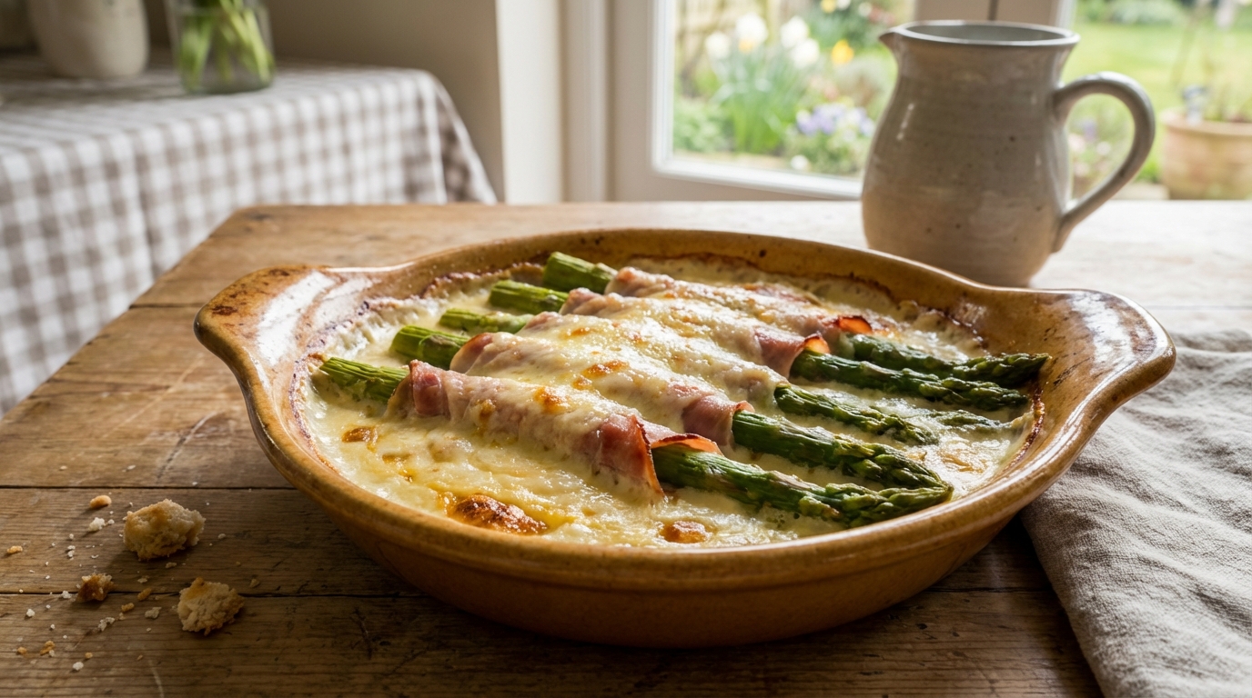 Ce gratin au jambon et asperges vertes a conquis ma table grâce à ma béchamel au parmesan