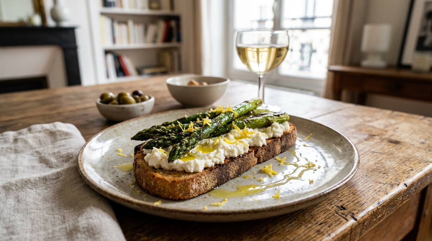 « Qu’est-ce que tu as mis dans cette ricotta ? » : mes invités m’ont posé la question toute la soirée avec ces bruschettas aux asperges