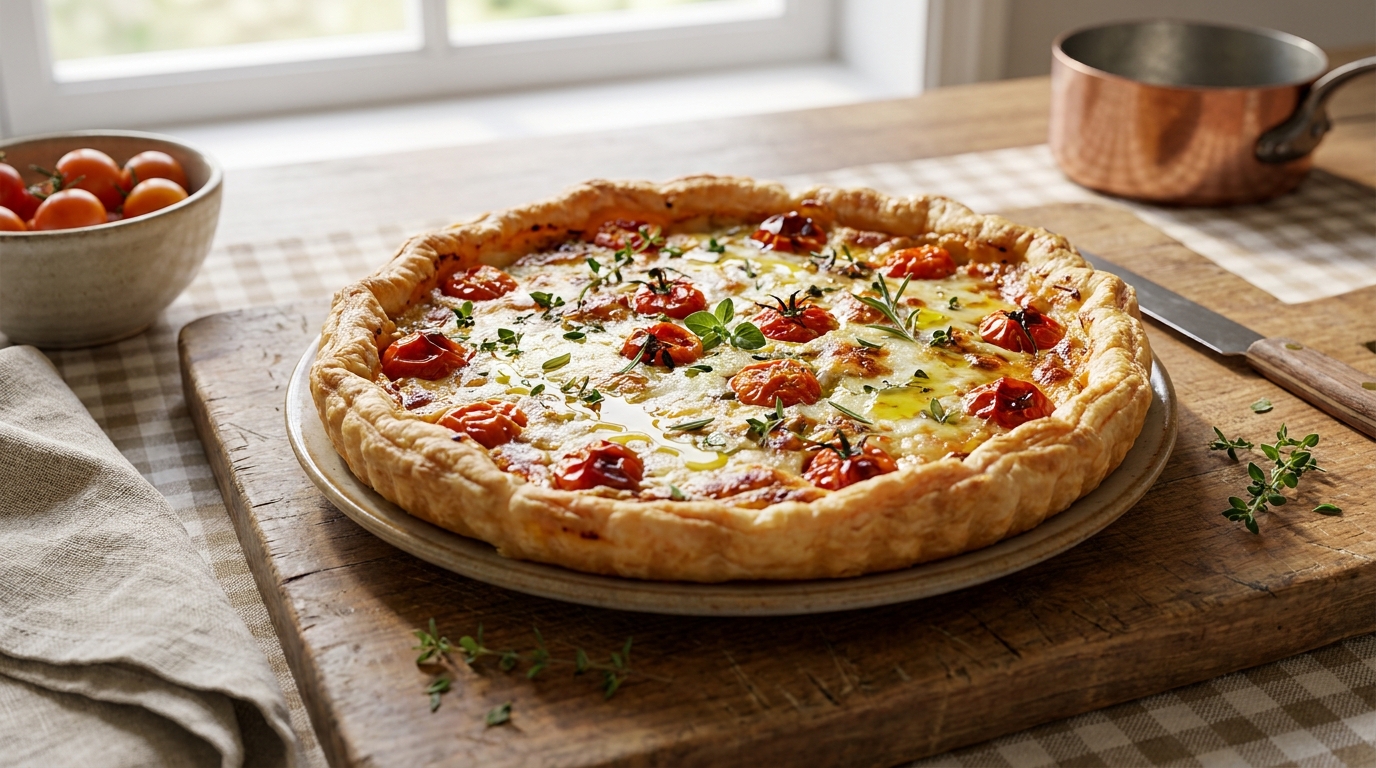 J’ai improvisé cette tarte à la tomme et à la tomate un mardi soir avec trois restes du frigo : toute la famille s’est régalée !