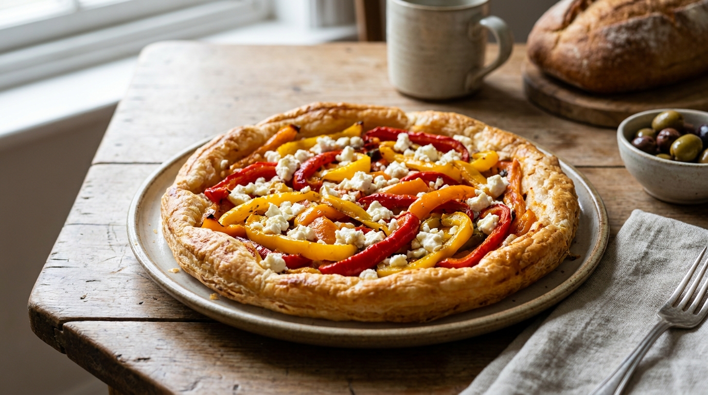 « Maman, c’est quoi le truc jaune au-dessus ? » : mes enfants ont dévoré cette tarte aux poivrons et feta sans deviner l’ingrédient qui change tout