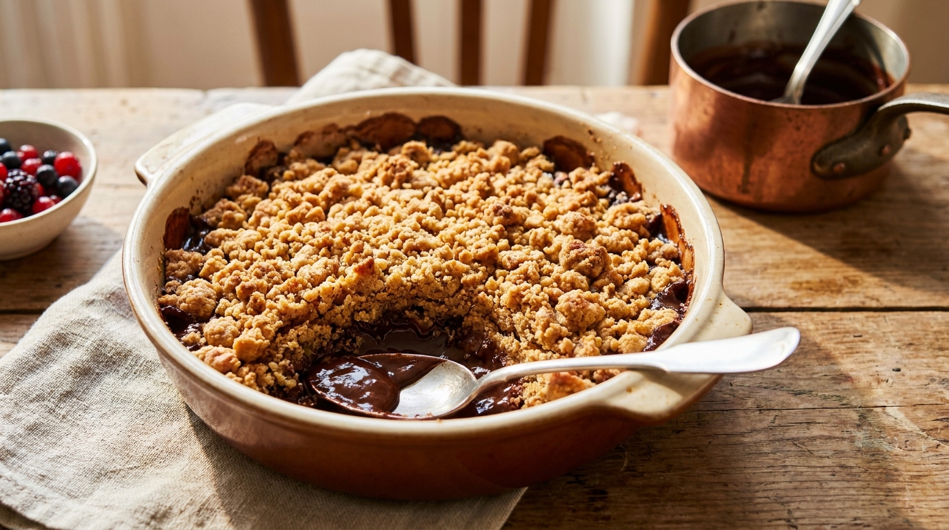 Mes enfants réclament ce crumble au chocolat chaque mercredi : tout se joue dans ce que je dépose au fond du plat avant la pâte