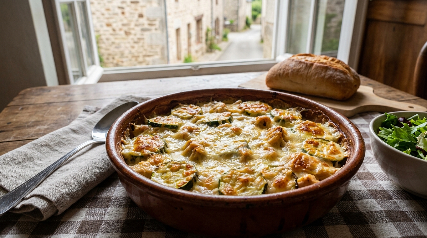 Sous la croûte dorée de ce gratin courgettes-poulet se cache un temps de préparation que personne ne veut croire
