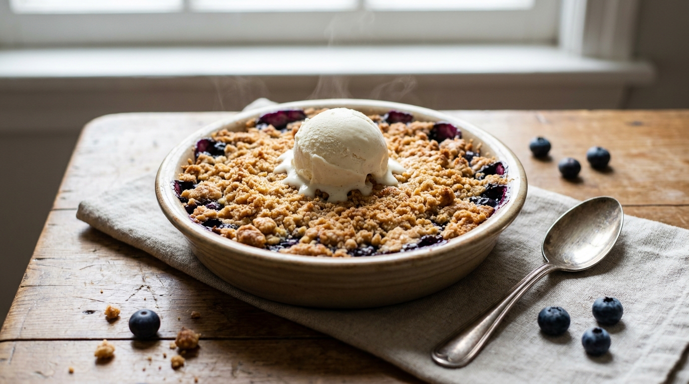 Quand la croûte dorée a craqué sous la cuillère de mon fils, il a repoussé sa glace : ce crumble aux myrtilles sort du four en moins d’une demi-heure